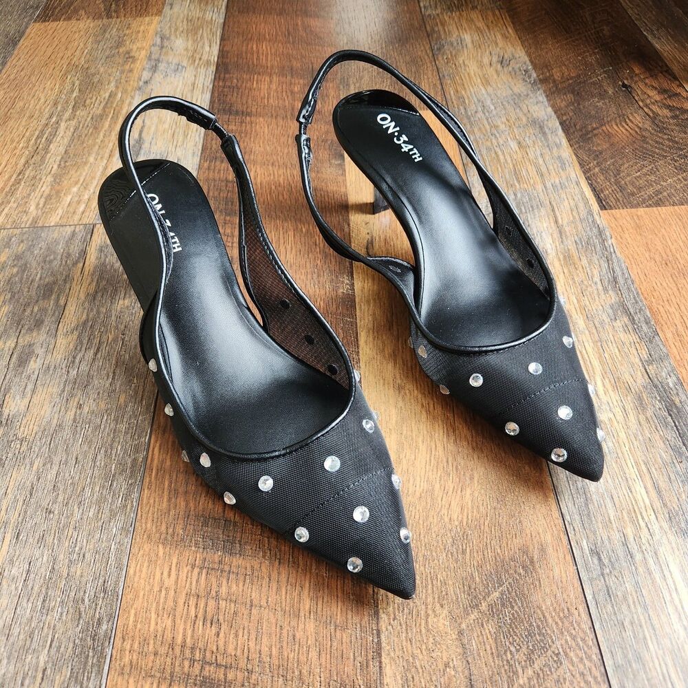 ON 34th Baeley Kitten Heels Pump Slingback Black Mesh Sandals Sz 7M NWOT Glam